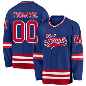 Jersey de Hockey sobre Hielo de Manga Larga con Cuello en V en Azul con Rayas Rojas y Blancas, Logotipo y Números del Equipo Personalizados, Tela Pro-poliéster - Product Image 4