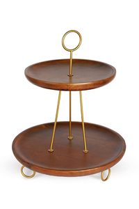 Soporte para pasteles de dos niveles hecho a mano con madera y metal, base de madera de nogal y marco dorado mate, perfecto para servir cupcakes y pasteles. - Product Image 2