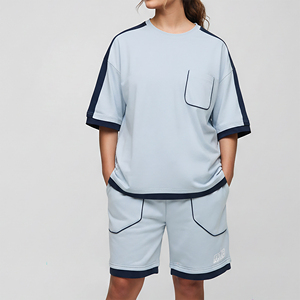 Ensemble deux pièces pour femmes, bleu clair uni, t-shirt à manches courtes, short avec poche, coupe décontractée, vêtements d'automne, polyester/coton - Product Image 1