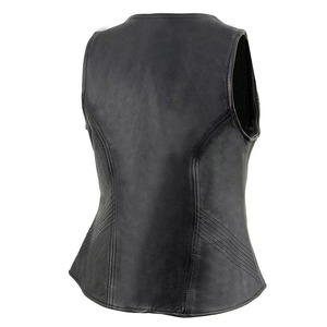Gilet moto en cuir véritable pour femme, col en V, fermeture éclair, couleur unie, doublure respirante en polyester, style automne - Product Image 2
