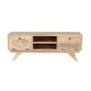 Meuble TV en bois de manguier sculpté à la main, console multimédia moderne, unité de divertissement pour ferme et hôtel, bois massif, pour téléviseurs de 35 à 39 pouces - Product Image 1