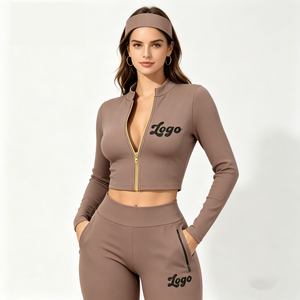 Custom Logo Plus Size Women's Winter Tracksuit Set Mock Neck Full <b>Zip</b> <b>Up</b> Fitted <b>Crop</b> Jacket Bootcut Flare Pants 2 Piece Slim Fit - Product Image 2