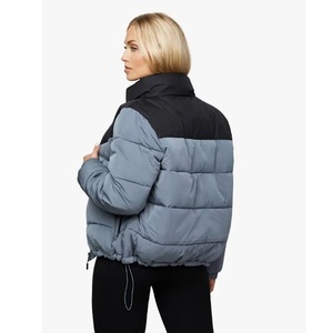 Color Blocking Puffer <b>Jacket</b> Stand Collar Zipper Closure Windproof Winter Casual Thick Polyester Wadding Short Length Regularfit - Product Image 4