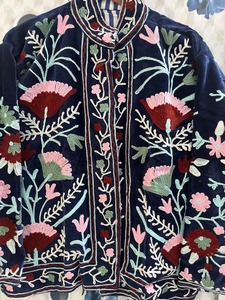 Bata de mujer con cuello en V, 100% algodón, reversible, con bordado floral azul, tipo kimono largo, con cinturón, para estar en casa, hecha a mano - Product Image 6