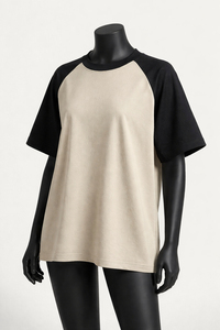 Women's Beige And Black <b>Raglan</b> Sleeve Crew Neck T-Shirt Loose Fit Casual Jersey Cotton Solid Color Contrast Trim - Product Image 5