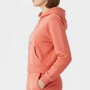 Women's <b>Coral</b> Cropped Hoodie Full Sleeve Zipper Front Logo Print Solid Knitted Cotton Autumn Wear - Product Image 3