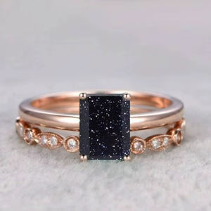 Ensemble de 2 bagues en pierre de sable bleue plaquées or rose 925, bagues de fiançailles empilables vintage uniques en argent sterling - Product Image 1