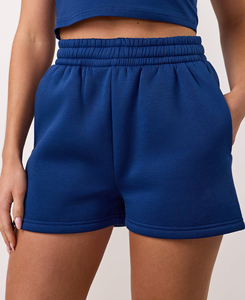 Ensemble haut et short bleu 2 pièces haut de gamme pour femme, manches courtes, col rond, couleur unie, tricoté, en spandex et polyester, tenue de sport décontractée - Product Image 5