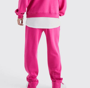 Breathable Unisex <b>Pink</b> Hooded <b>Tracksuit</b> Set Full Length Solid Color Casual Autumn Wear Loose Fit With Side Pockets 100% Cotton - Product Image 3