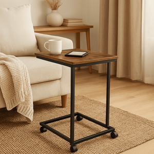 C Shaped <b>End</b> <b>Table</b> with Wheels for <b>Sofa</b> <b>Side</b> Bedside and Reading Corner-Brown - Product Image 1
