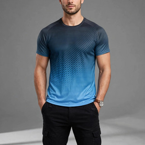 T-shirt à manches courtes pour homme, imprimé bleu, col en V, tissu sergé en spandex/polyester, séchage rapide, vêtements décontractés d'été - Product Image 1