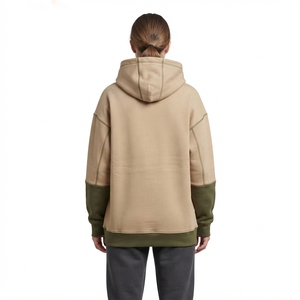 Sudadera con Capucha Oversize de Felpa para Mujer, Color Beige Oliva con Bloques de Color, Bolsillo Canguro, Estilo Casual Urbano - Product Image 2