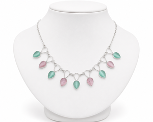 Collar Étnico de Latón Plateado con Circonitas en Forma de Lágrima, Estilo Bohemia para Mujer, Cadena de Caja, Engaste de Bisel Verde y Rosa - Product Image 6