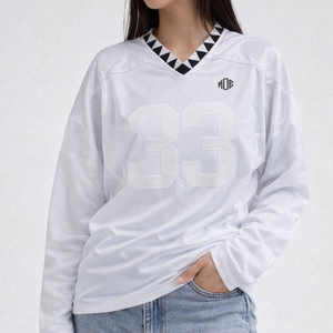 Jersey de Fútbol Americano Personalizado para Mujer, Manga Larga, Malla, Corte Holgado, con Parches, Transpirable, Poliéster, Ropa Deportiva, Suministro OEM - Product Image 3