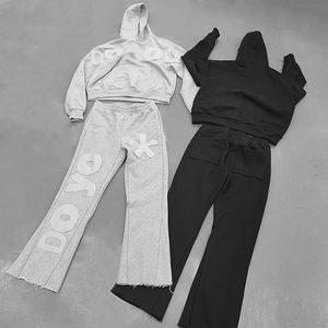 Ensemble survêtement homme grande taille personnalisé, sweat à capuche délavé et pantalon évasé, 100% coton respirant en molleton, motif imprimé pour l'hiver - Product Image 4