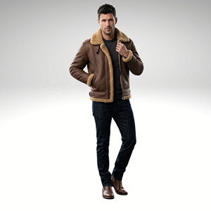 <b>Men</b>’s Ginger Brown Sheepskin Aviator <b>Jacket</b> Real Leather Vintage <b>Flying</b> <b>Jacket</b> - Product Image 1