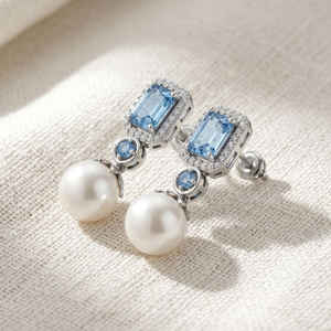 925 Silver Rhodium Plated Classic Drop <b>Earrings</b> Blue Emerald Cut Diamond <b>Halo</b> Dangle Pearl Jewelry for Wedding Party Gift - Product Image 5