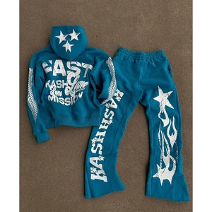 Ensemble de survêtement unisexe en coton blanc avec sweat à capuche et pantalon de jogging, imprimé lettres rouges, streetwear, fermeture éclair intégrale, poche avant, pour l'automne - Product Image 5