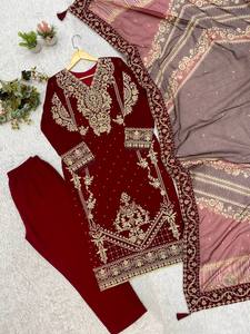 Maroon Embroidered Silk Georgette Elegant Salwar Kameez Set Floral Dupatta for <b>Women</b> Traditional Wedding <b>Party</b> <b>Wear</b> Quick Dry - Product Image 4