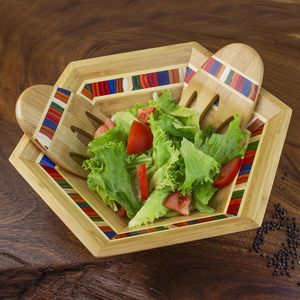 Ensemble de bols à salade hexagonaux en bambou avec logo personnalisé et poignées, bols de service alimentaire en bois écologiques, vaisselle de cuisine, vente en gros - Product Image 2