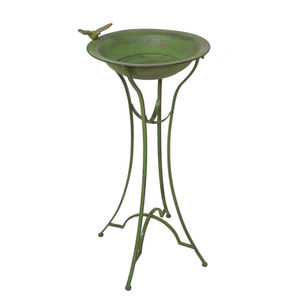 Bain d'oiseaux en métal vert avec motif de feuilles et support de décoration de jardin extérieur pour oiseaux - Product Image 4