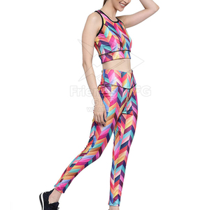 Women Yoga Set Geometric Print High Waist Leggings Racerback <b>Crop</b> <b>Top</b> Full Length 2 Piece Spandex Polyester Four-Way Stretch - Product Image 2