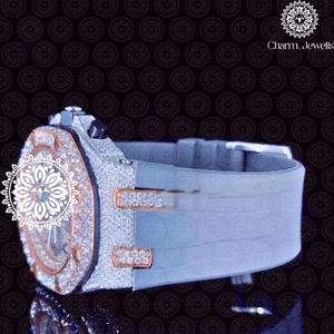 Charm_Jewells Luxury Women's Stainless Steel Round <b>Watch</b> Analog Quartz Movement Sapphire Dial 40mm Diamond Bezel Leather Band - Product Image 2