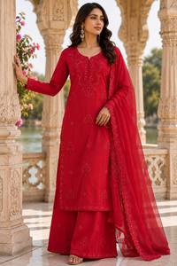 Traje Salwar Kameez Pakistaní Moderno Bordado en Rojo para Mujer, Pantalones Anchos Palazzo, Dupatta de Tela, Diseño Étnico para Fiestas, Todas las Temporadas - Product Image 1