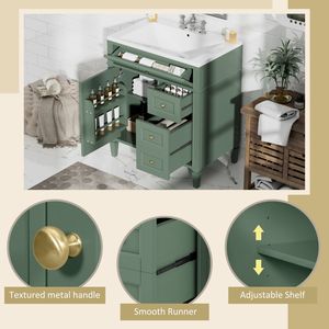 Mobile bagno moderno da 30 pollici con lavabo singolo integrato e 2 cassetti, elegante mobiletto contenitore a 2 ante con cassetto a ribalta - Product Image 6