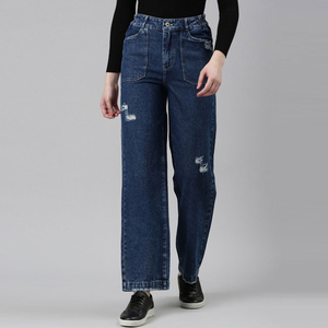 Jean en denim bleu taille mi-haute à jambe large pour femme Muzamin Apparel – Coupe décontractée, longueur complète, respirant, séchage rapide, style vintage - Product Image 1