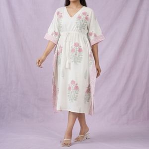 Floral Block Prints Blush Boom <b>Kaftan</b> Handwoven Cotton Elegant Fashion Dresses for Leisure Free Size" - Product Image 4
