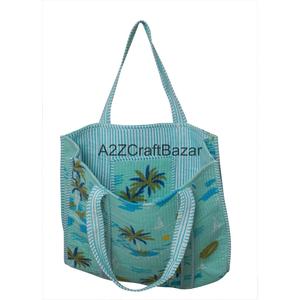 กระเป๋าโท้ทผ้าฝ้ายเย็บมือสำหรับผู้หญิง หูหิ้วยาว ลายพิมพ์บล็อกอินเดียแบบลายทาง เหมาะสำหรับใช้ไปทะเลและงานปาร์ตี้ - Product Image 3