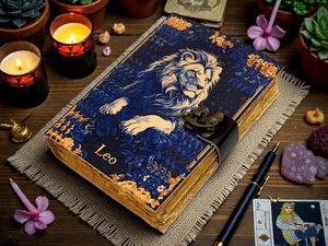 Carnet artisanal en cuir de buffle, motif arbre de vie, signe du zodiaque Lion, astrologie, multicolore, livre de sorts vierge, ombres, vintage, par Herb Heritage - Product Image 4