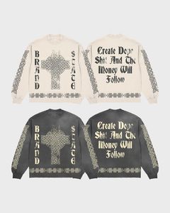 Conjunto de Sudadera con Cruz Celta Negra Crema |   Sudadera con cuello redondo y estampado extragrande y pantalones deportivos |   Conjunto de Ropa Urbana a la Moda, Marca Privada OEM - Product Image 3