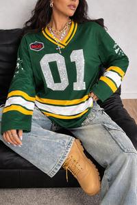 T-shirt ample à col en V personnalisé pour hommes et femmes, avec strass, style sportif, pour fans de hockey sur glace et de football américain - Product Image 6