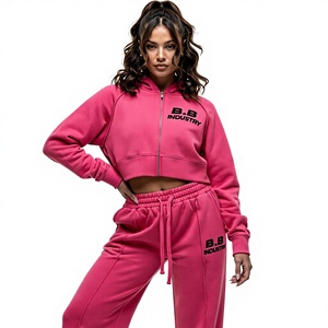 Ensemble de survêtement pour femme en molleton de coton doux, rose vif, comprenant un sweat à capuche court zippé et un pantalon large, style streetwear confortable - Product Image 1
