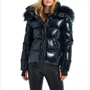 Veste matelassée brillante pour femme avec capuche en fourrure, fermeture éclair, manteau chaud d'hiver, coupe-vent, respirant, couleur unie, épaisse - Product Image 1