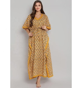 Belle Balance Confort Style Dames Casual Dress Orange Kaftan Main Bloc Imprimé Fleur Motif Tie-Up Taille Longueur Sol - Product Image 1