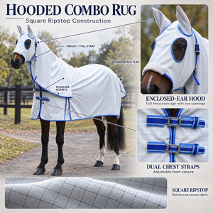 Couverture de cheval à capuche intégrale carrée en Ripstop avec ouvertures pour les yeux |   Couverture pour cheval blanche avec bordure bleue et sangles de poitrail réglables - Product Image 5