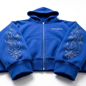 Sudadera con capucha azul real para hombre con cremallera, gráfico de estrella de fuego personalizado, mangas bordadas, estilo oversize, ropa urbana, venta al por mayor, fabricante - Product Image 4