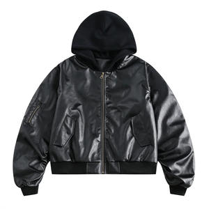 Blouson Bomber Homme Personnalisé en Cuir PU Formel Enduit Noir à Capuche Zippé Style Streetwear Fournisseur ODM - Product Image 1