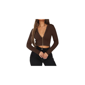 Veste courte en tricot côtelé extensible pour femme, sweat à capuche zippé, coupe ajustée, manches longues, tenue décontractée pour femme - Product Image 6