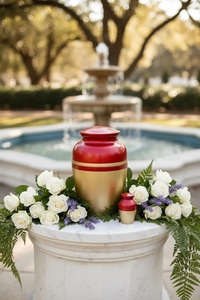 Urne classique rouge cramoisi avec motif à rayures dorées, récipient commémoratif en métal avec couvercle ajusté et finition durable - Product Image 2