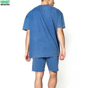 ชุดเสื้อยืดคอตตอนสีน้ำเงินสำหรับผู้ชาย ทรงโอเวอร์ไซส์ คอกลม สไตล์ลำลอง ชุดฤดูร้อน 2 ชิ้น สีพื้น ผ้าถักระบายอากาศได้ดี - Product Image 5