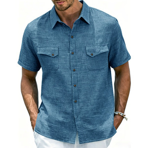 Camisa de manga corta con botones para hombre, color azul marino. Adornado con bordados verticales llamativos para una interpretación moderna de un clásico atemporal. - Product Image 3