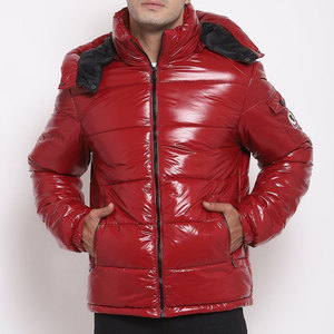 <b>Men's</b> Red PU Puffer <b>Jacket</b> With Hood <b>Down</b> <b>Filled</b> Windproof Casual Winter Coat Patch Design Left Sleeve Zipper Closure - Product Image 5