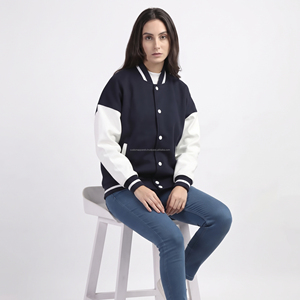 เสื้อแจ็คเก็ตวาร์ซิตี้สีขาวกรมท่า แบบคัลเลอร์บล็อก สไตล์พรีปปี้ สำหรับทุกเพศ เสื้อแจ็คเก็ตเบสบอล ใส่สบายๆ ในฤดูใบไม้ร่วง ทรงปกติ ปกเสื้อพับได้ - Product Image 4