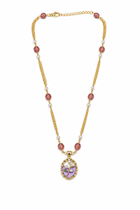 Collar Personalizado Chapado en Rodio con Medallón Ovalado Floral Meenakari y Cadena con Acento de Perla, Joyería Fina de Herencia, Set de Regalo para Mujer - Product Image 3