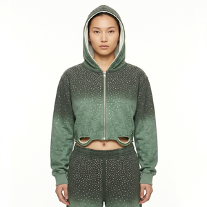 SHY SPORTS Sudadera con capucha para mujer, 100% algodón, de alta calidad, estilo desgastado, con cierre de cremallera, estilo urbano, con pedrería, corte holgado - Product Image 4