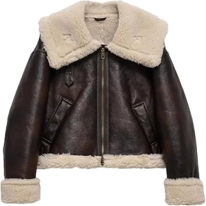 Chaqueta de Cuero Genuino Estilo Vintage para Mujer 2026, Forro de Piel Sintética, Sin Elasticidad, Bordado 3D, Abrigo de Invierno Cálido Tipo Biker con Cierre - Product Image 1